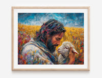 Thumbnail for Jesus Christ holds the lost lamb in His Hands Poster Print