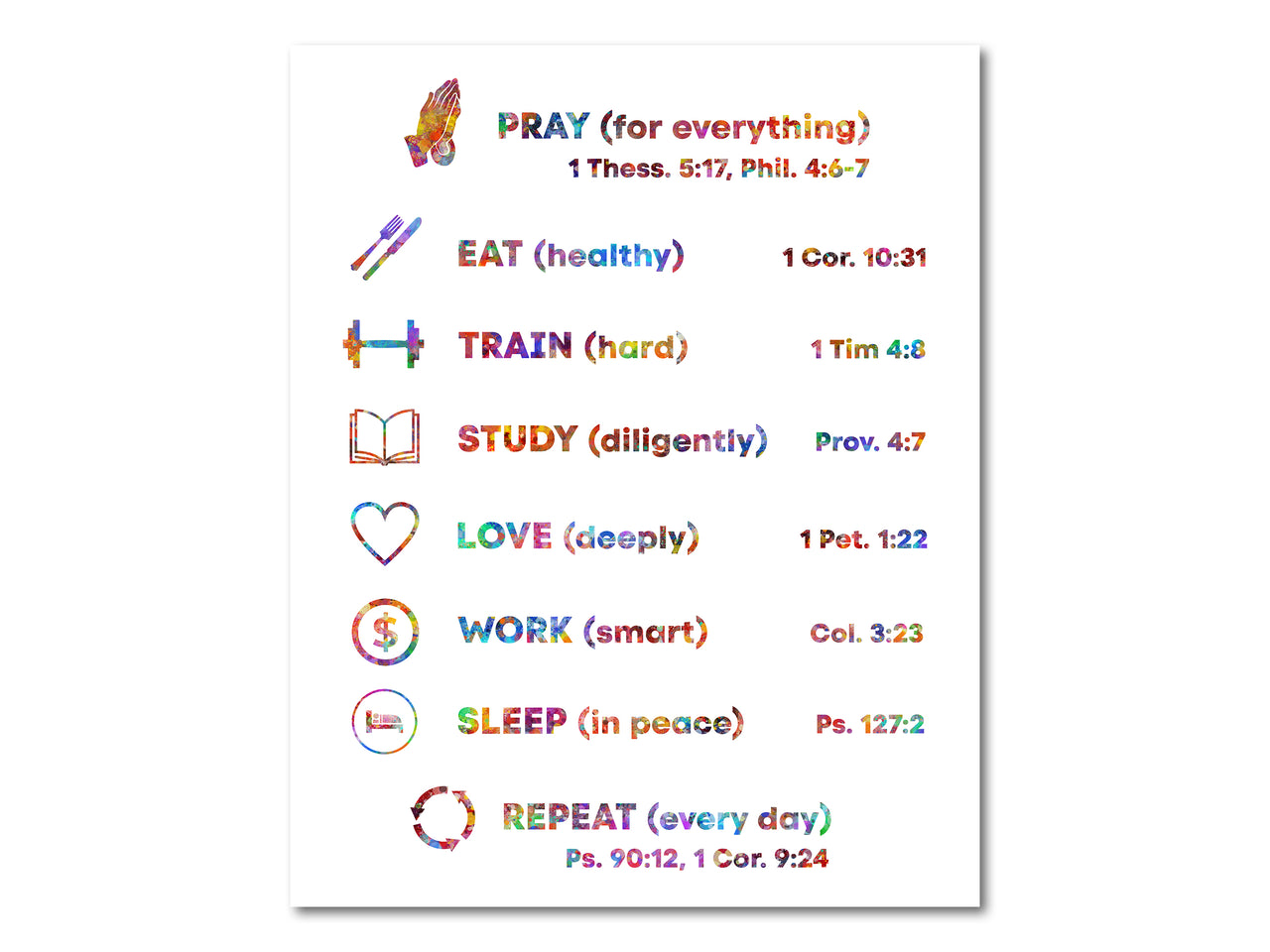 Christian daily routine white background (rainbow colors) Poster Print #3