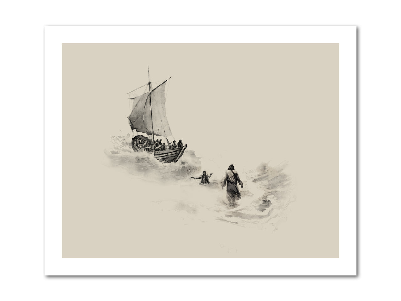 Peter and Jesus walk on water Poster Print